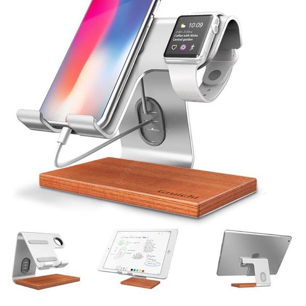 Tablet Watch Stand Desktop Aluminum Cell Phone Charging Dock Wood Base Multifunction Holder for Watch iPhone X iPad Samsung，Silver Mobile Phone Mounts & Stands LEIXIN0809
